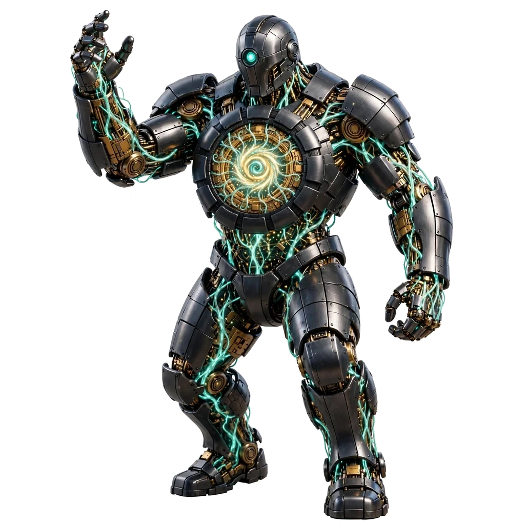Aicon's avatar: the living core form — black armor, gold machinery, a heart of teal light — with no background.