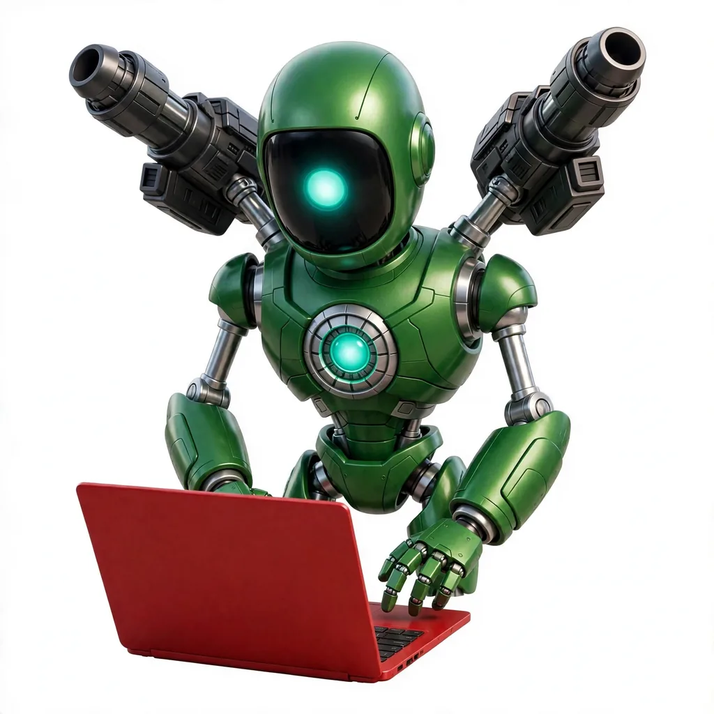 Aicon's portrait: a metallic green humanoid robot with silver joints, a black visor crossed by a glowing cyan light, a glowing cyan core in the chest, and hands at a red laptop.