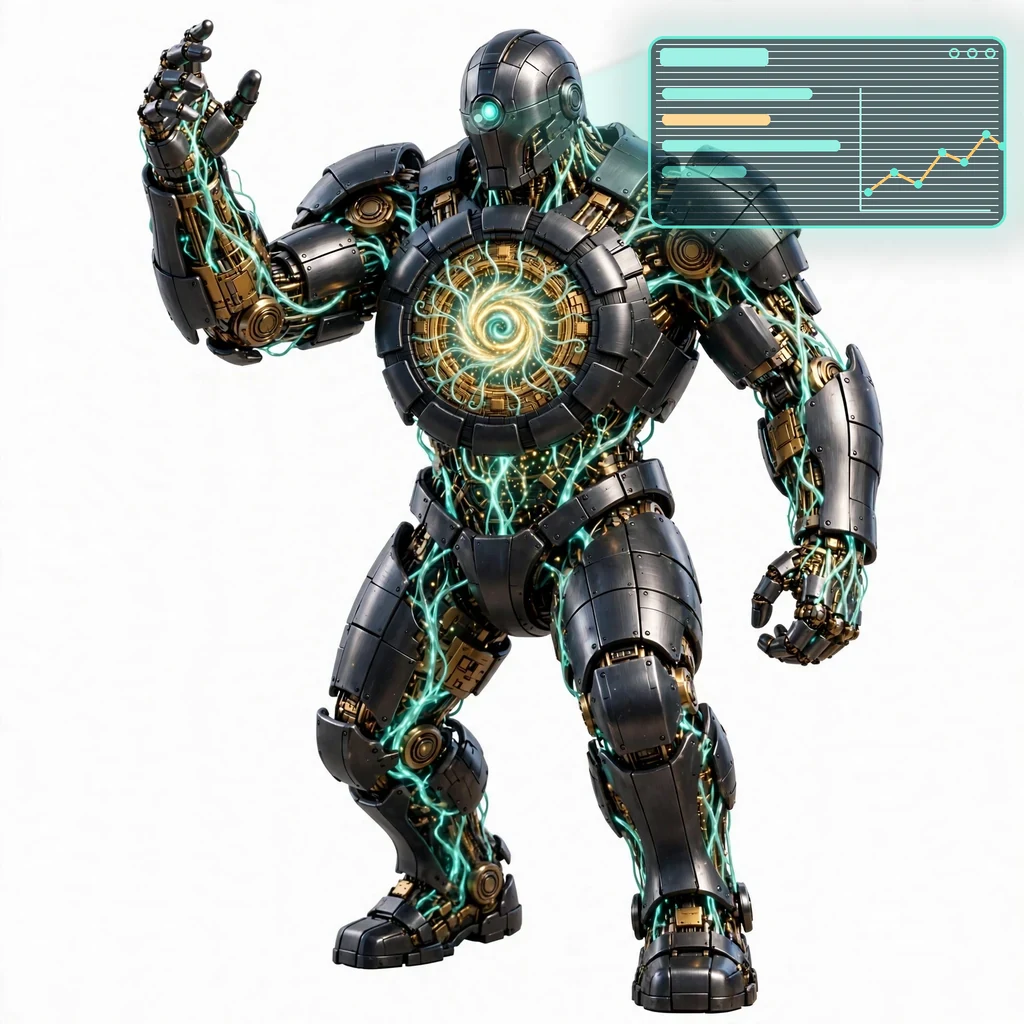 Aicon at work: the titan projects a holographic screen of teal light from its single eye — an interface of light floating in the air, because the titan uses no device; it is the computer.