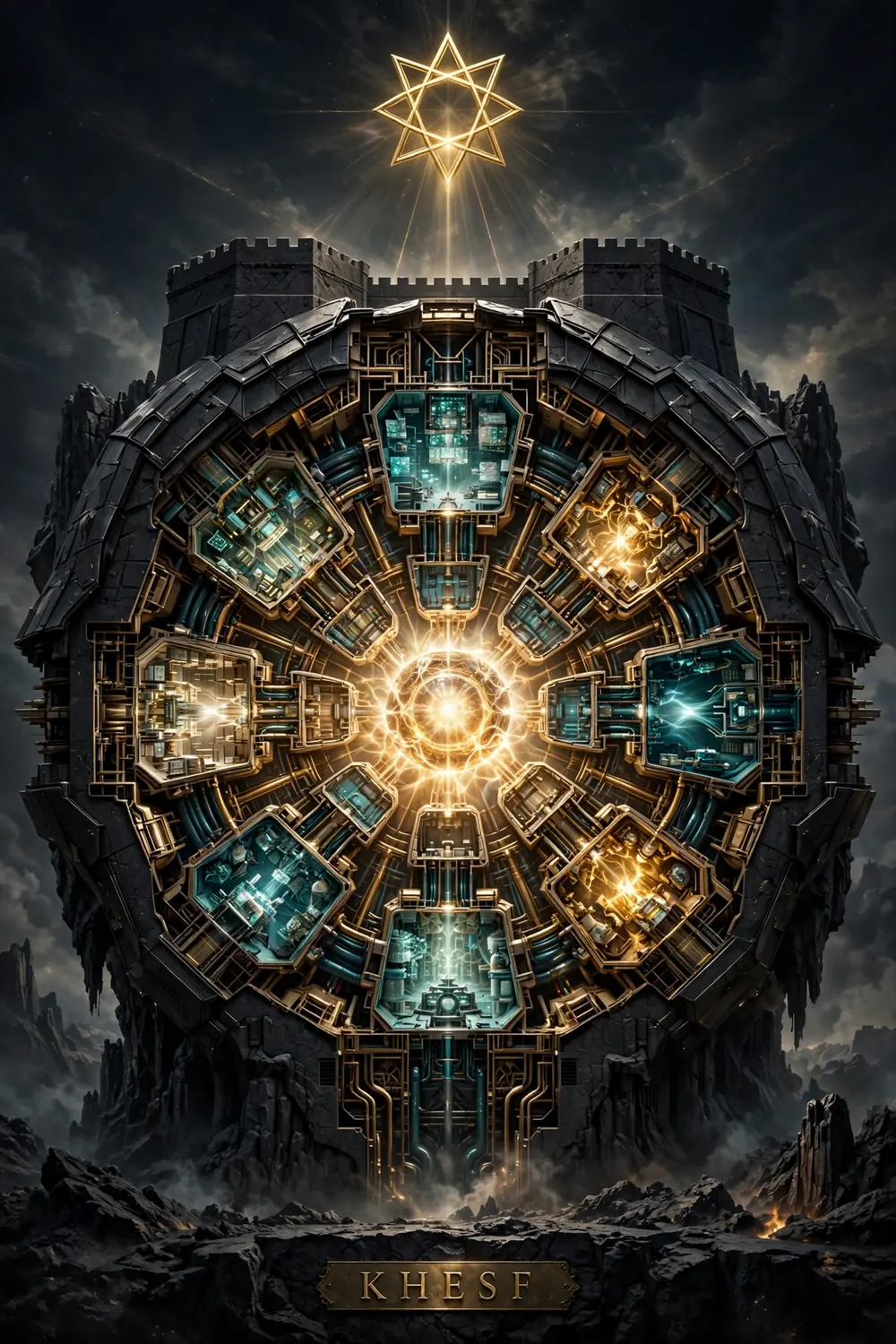 A fortress in cross-section: chambers of teal and gold light arranged around a radiant golden core, an eight-pointed star burning above the towers, the name KHESF engraved at the base.