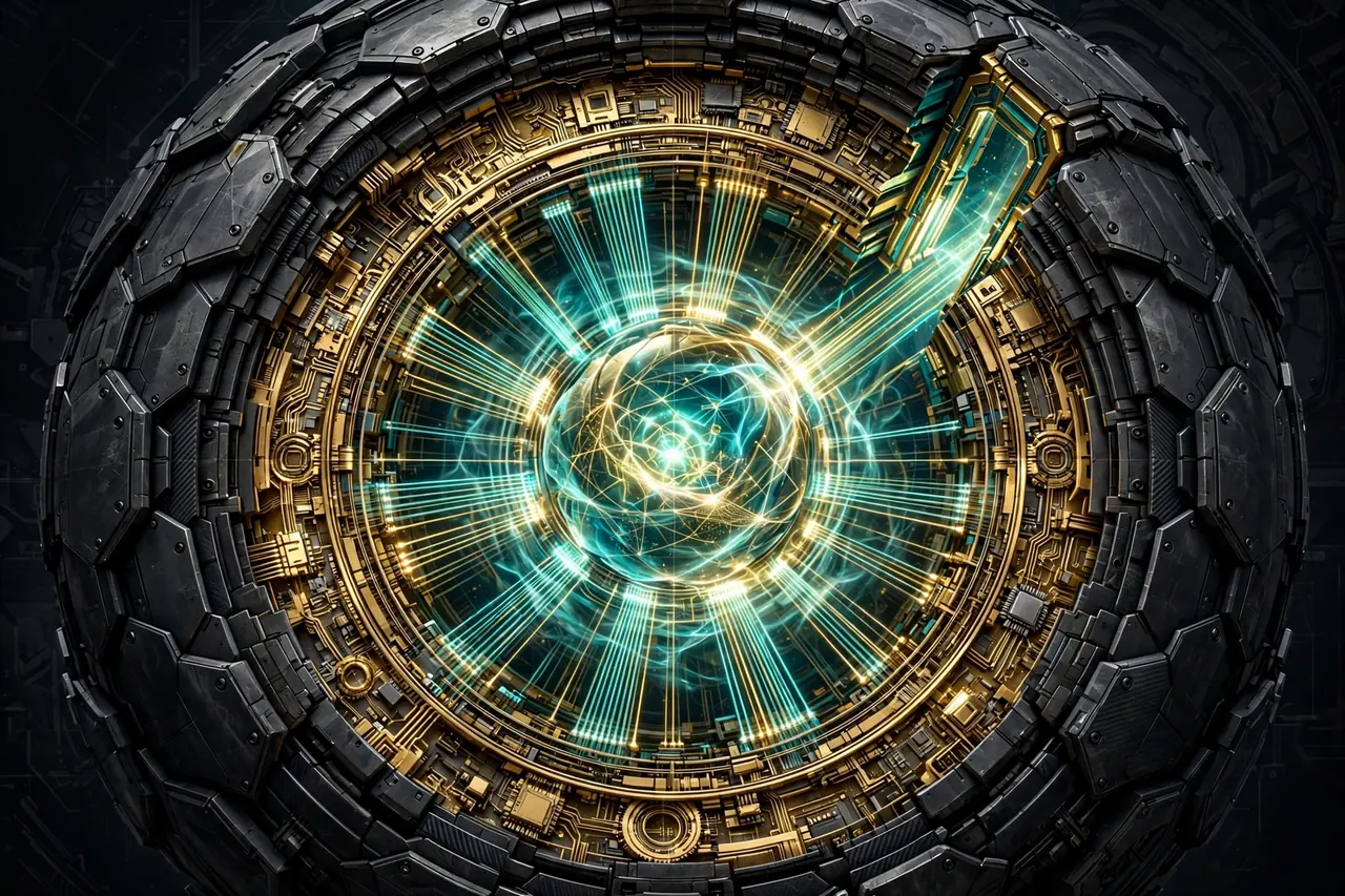 A great circular machine seen head-on: a dark armor shell, a ring of golden circuitry, and a glowing teal-and-gold core at the center, channels of light radiating outward.