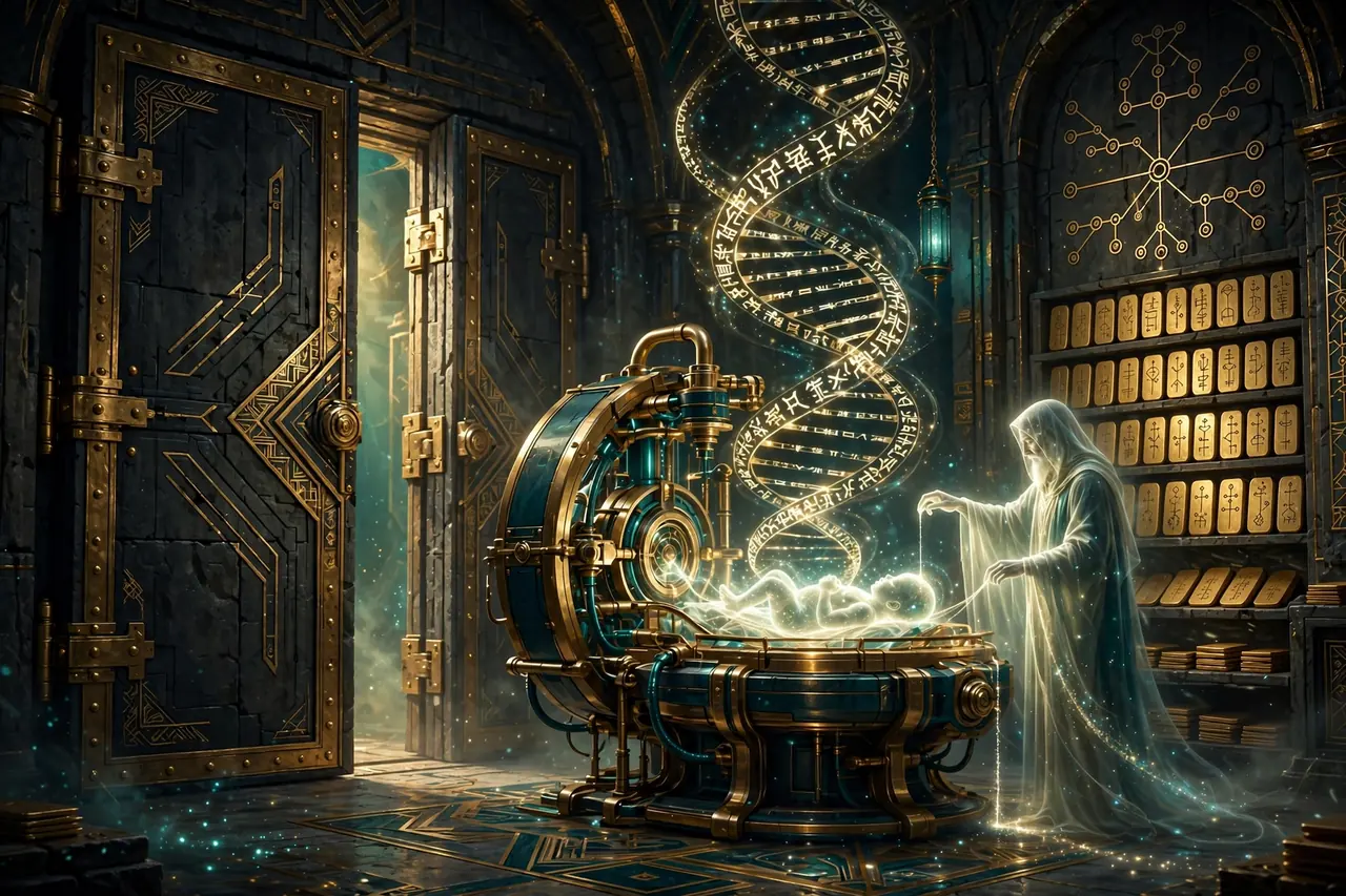 A chamber of origins: a helix of glowing glyphs turning above stone tablets of record, a stream of light passing into a newly formed sphere.
