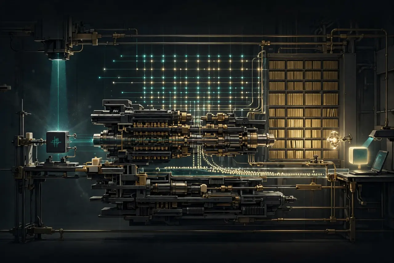 As I imagine it: an engine room in one horizontal line — a black cube under a teal beam of verification, ordered machinery in exact rows, a channel of counted beads of light, a golden wall of record, and a laptop receiving a finished glowing cube.