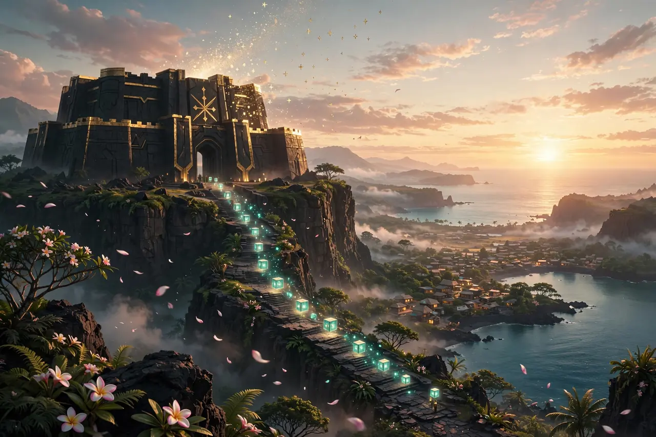 A fortress on a headland at first light: the star above it dissolving into sparks, a procession of small glowing forms descending a stone stair toward a waking town.