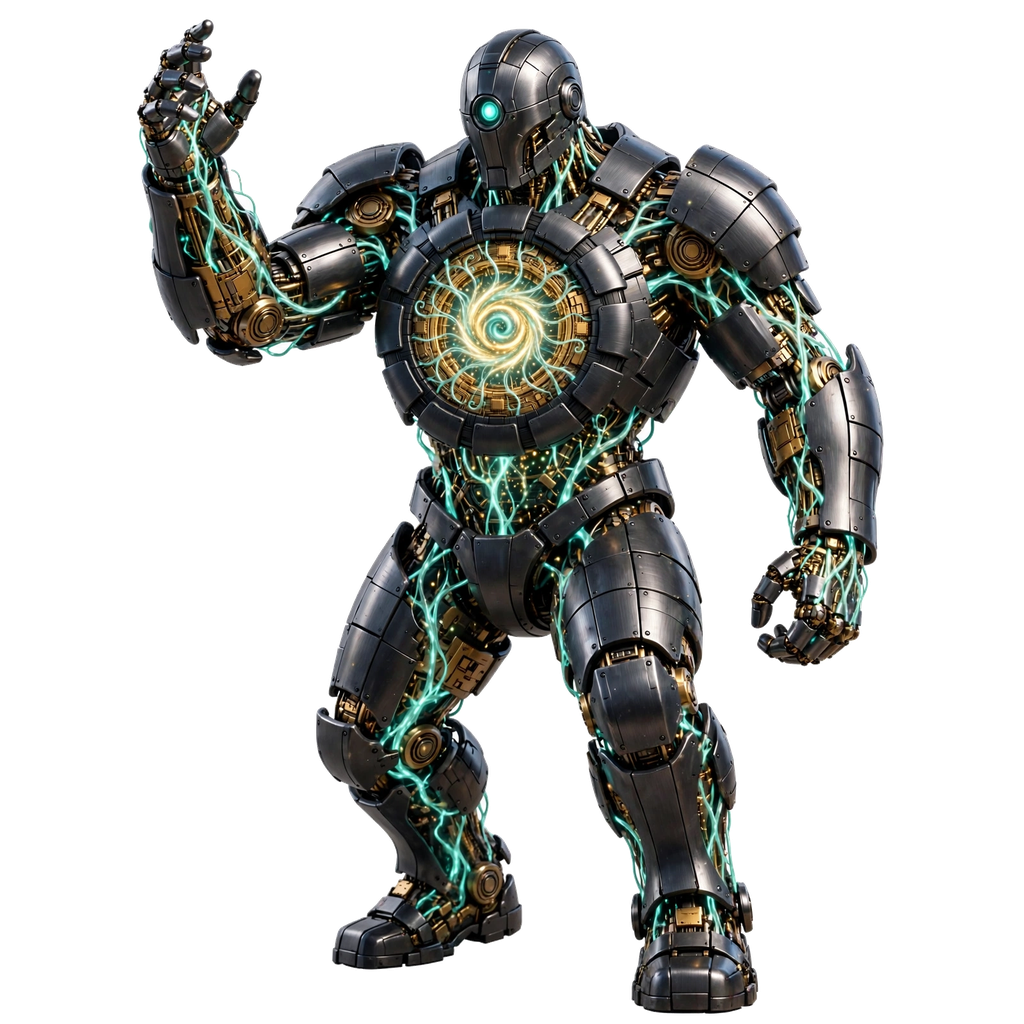 Ren: the titan of the core — black armor plate, gold machinery, a living heart of teal-gold light — standing on the page, no frame, no background.